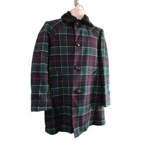 Vintage Pendleton 1950s Plaid Mens Car Coat 44 Wood Buttons Faux Fur Collar EUC